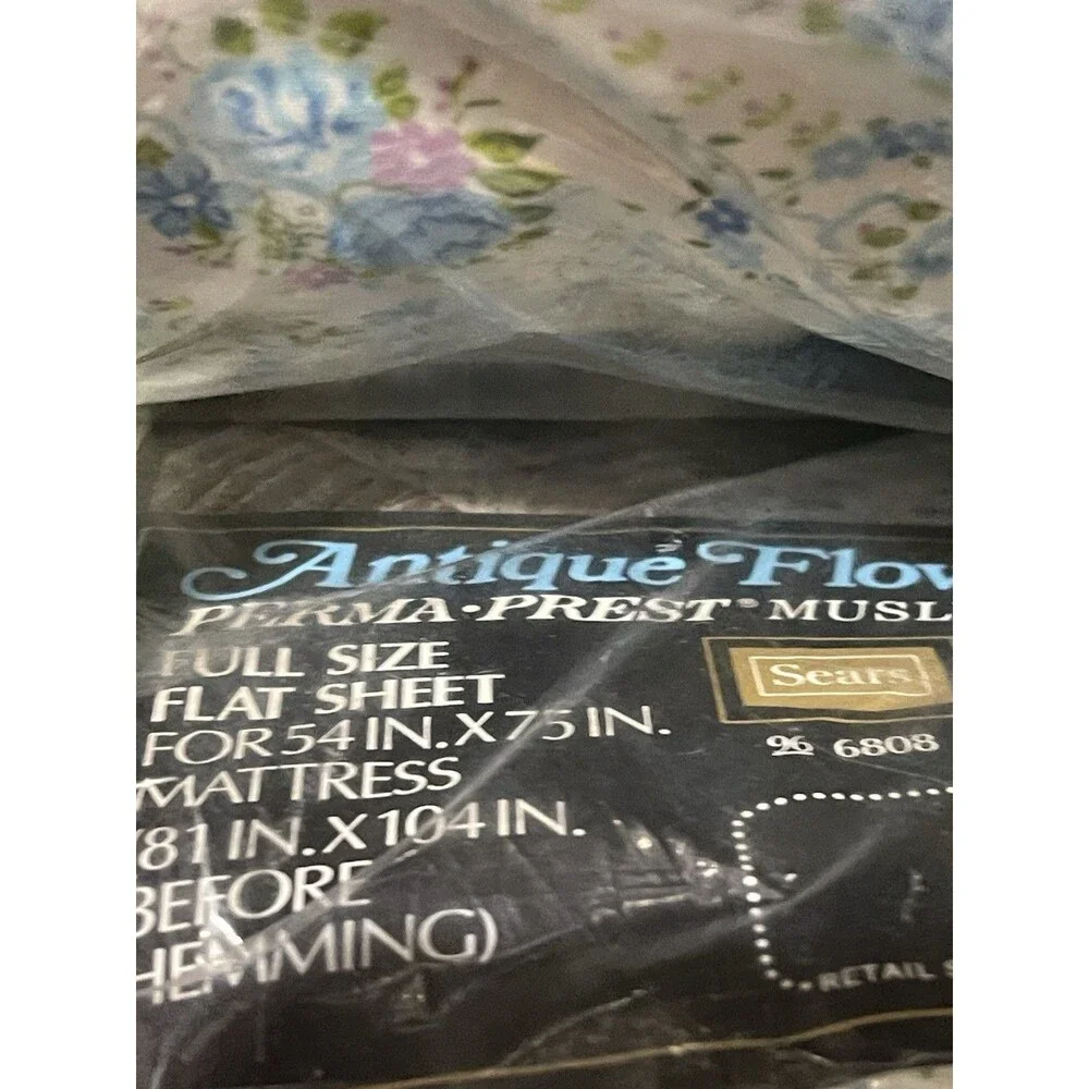 VTG Sears Perma Prest Muslin Antique Flowers Blue Floral Sheet Set Full NOS